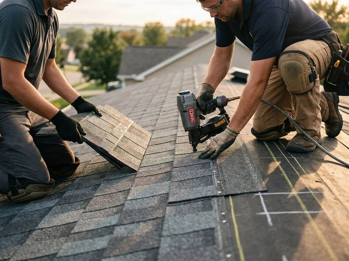 Professional roofer working on a residential roof in Clarendon Hills